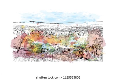 Building view with landmark of Granada is a city in southern Spain’s Andalusia region, in the foothills of the Sierra Nevada mountains. Watercolor splash with Hand drawn sketch illustration in vector.