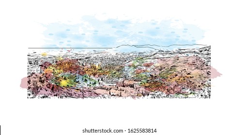 Building view with landmark of Granada is a city in southern Spain’s Andalusia region, in the foothills of the Sierra Nevada mountains. Watercolor splash with Hand drawn sketch illustration in vector.