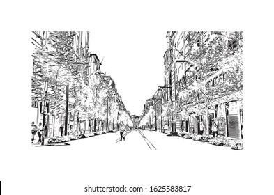 Building view with landmark of Granada is a city in southern Spain’s Andalusia region, in the foothills of the Sierra Nevada mountains. Hand drawn sketch illustration in vector.