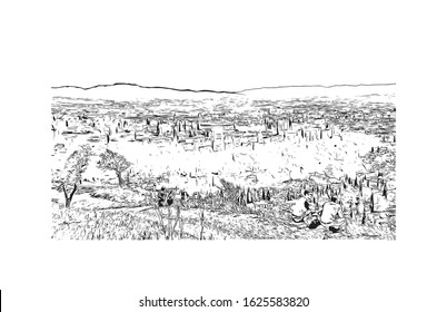 Building view with landmark of Granada is a city in southern Spain’s Andalusia region, in the foothills of the Sierra Nevada mountains. Hand drawn sketch illustration in vector.