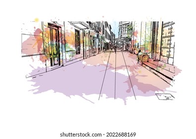 Building view with landmark of Granada is a city in southern Spain. Watercolor splash with hand drawn sketch illustration in vector.