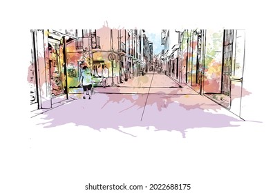 Building view with landmark of Granada is a city in southern Spain. Watercolor splash with hand drawn sketch illustration in vector.