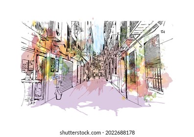 Building view with landmark of Granada is a city in southern Spain. Watercolor splash with hand drawn sketch illustration in vector.