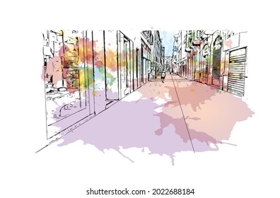 Building view with landmark of Granada is a city in southern Spain. Watercolor splash with hand drawn sketch illustration in vector.