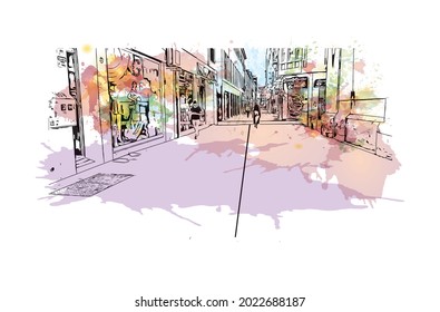 Building view with landmark of Granada is a city in southern Spain. Watercolor splash with hand drawn sketch illustration in vector.