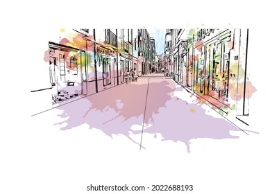 Building view with landmark of Granada is a city in southern Spain. Watercolor splash with hand drawn sketch illustration in vector.