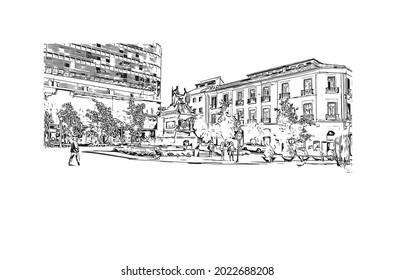 Building view with landmark of Granada is a city in southern Spain. Hand drawn sketch illustration in vector.