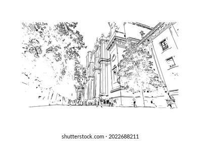 Building view with landmark of Granada is a city in southern Spain. Hand drawn sketch illustration in vector.