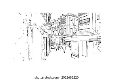 Building view with landmark of Granada is a city in southern Spain. Hand drawn sketch illustration in vector.