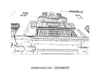 Building view with landmark of Granada is a city in southern Spain. Hand drawn sketch illustration in vector.