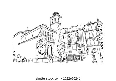 Building view with landmark of Granada is a city in southern Spain. Hand drawn sketch illustration in vector.