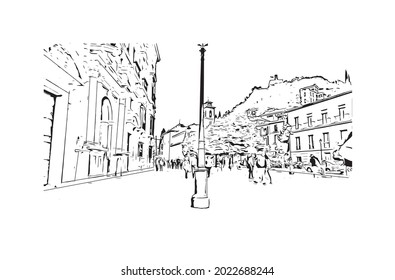 Building view with landmark of Granada is a city in southern Spain. Hand drawn sketch illustration in vector.