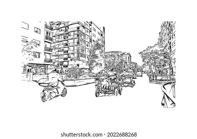 Building view with landmark of Granada is a city in southern Spain. Hand drawn sketch illustration in vector.