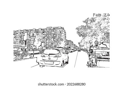 Building view with landmark of Granada is a city in southern Spain. Hand drawn sketch illustration in vector.