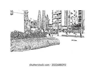 Building view with landmark of Granada is a city in southern Spain. Hand drawn sketch illustration in vector.