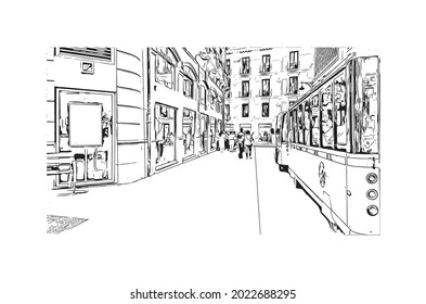 Building view with landmark of Granada is a city in southern Spain. Hand drawn sketch illustration in vector.