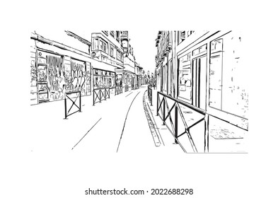 Building view with landmark of Granada is a city in southern Spain. Hand drawn sketch illustration in vector.