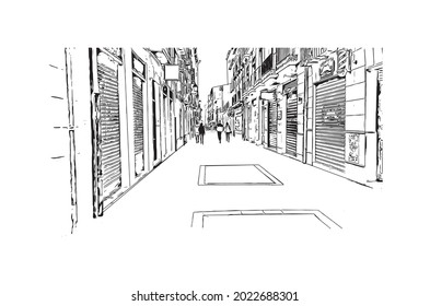 Building view with landmark of Granada is a city in southern Spain. Hand drawn sketch illustration in vector.