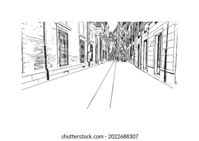 Building view with landmark of Granada is a city in southern Spain. Hand drawn sketch illustration in vector.