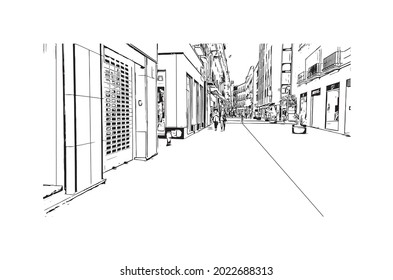 Building view with landmark of Granada is a city in southern Spain. Hand drawn sketch illustration in vector.