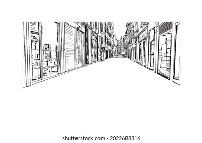 Building view with landmark of Granada is a city in southern Spain. Hand drawn sketch illustration in vector.