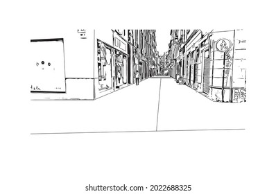 Building view with landmark of Granada is a city in southern Spain. Hand drawn sketch illustration in vector.