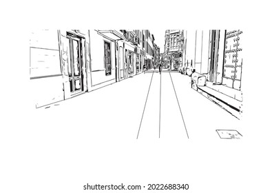 Building view with landmark of Granada is a city in southern Spain. Hand drawn sketch illustration in vector.