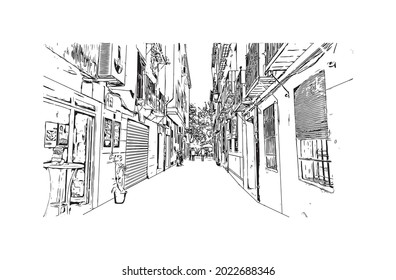 Building view with landmark of Granada is a city in southern Spain. Hand drawn sketch illustration in vector.