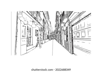 Building view with landmark of Granada is a city in southern Spain. Hand drawn sketch illustration in vector.