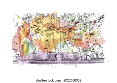 Building view with landmark of Granada is a city in southern Spain. Watercolor splash with hand drawn sketch illustration in vector.