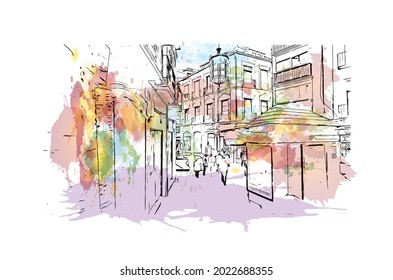 Building view with landmark of Granada is a city in southern Spain. Watercolor splash with hand drawn sketch illustration in vector.