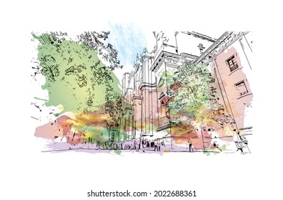 Building view with landmark of Granada is a city in southern Spain. Watercolor splash with hand drawn sketch illustration in vector.