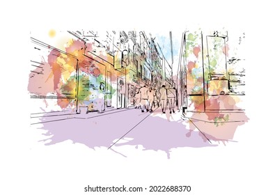 Building view with landmark of Granada is a city in southern Spain. Watercolor splash with hand drawn sketch illustration in vector.