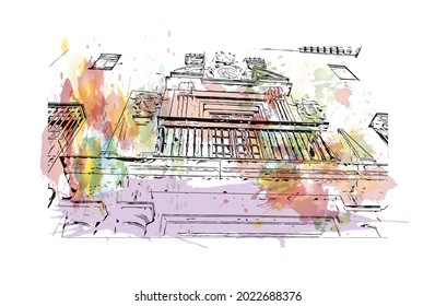 Building view with landmark of Granada is a city in southern Spain. Watercolor splash with hand drawn sketch illustration in vector.