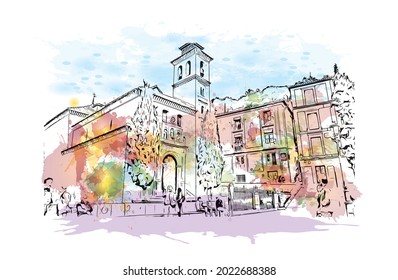 Building view with landmark of Granada is a city in southern Spain. Watercolor splash with hand drawn sketch illustration in vector.