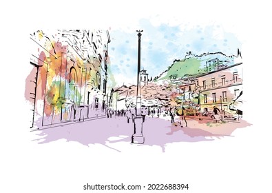 Building view with landmark of Granada is a city in southern Spain. Watercolor splash with hand drawn sketch illustration in vector.