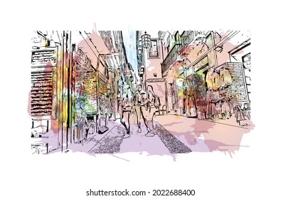 Building view with landmark of Granada is a city in southern Spain. Watercolor splash with hand drawn sketch illustration in vector.