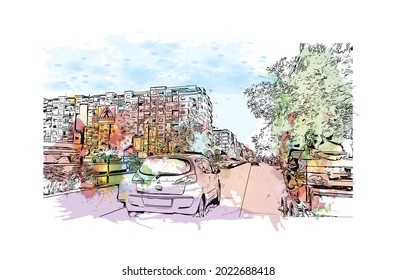 Building view with landmark of Granada is a city in southern Spain. Watercolor splash with hand drawn sketch illustration in vector.