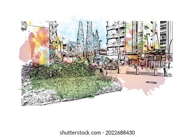 Building view with landmark of Granada is a city in southern Spain. Watercolor splash with hand drawn sketch illustration in vector.