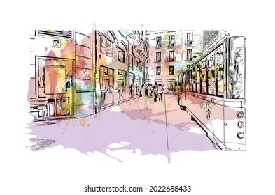 Building view with landmark of Granada is a city in southern Spain. Watercolor splash with hand drawn sketch illustration in vector.