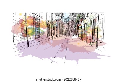 Building view with landmark of Granada is a city in southern Spain. Watercolor splash with hand drawn sketch illustration in vector.