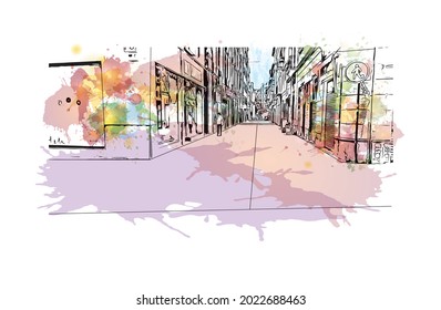 Building view with landmark of Granada is a city in southern Spain. Watercolor splash with hand drawn sketch illustration in vector.