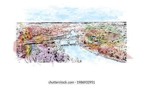 Building view with landmark of Grand Forks is a city in North Dakota. Watercolor splash with hand drawn sketch illustration in vector.