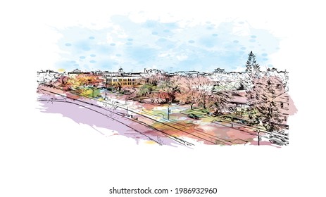 Building view with landmark of Grand Forks is a city in North Dakota. Watercolor splash with hand drawn sketch illustration in vector.