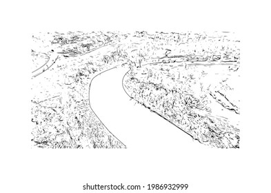 Building view with landmark of Grand Forks is a city in North Dakota. Hand drawn sketch illustration in vector.