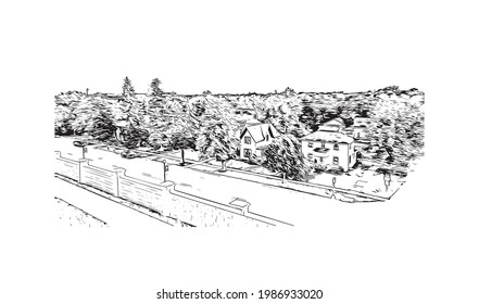 Building view with landmark of Grand Forks is a city in North Dakota. Hand drawn sketch illustration in vector.