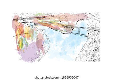 Building view with landmark of Grand Forks is a city in North Dakota. Watercolor splash with hand drawn sketch illustration in vector.
