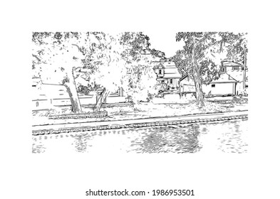 building view with landmark of Grand Island is a city in central Nebraska. Hand drawn sketch illustration in vector.