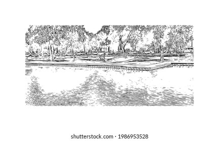 building view with landmark of Grand Island is a city in central Nebraska. Hand drawn sketch illustration in vector.