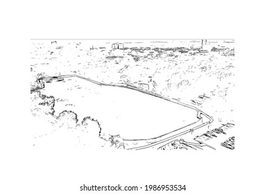building view with landmark of Grand Island is a city in central Nebraska. Hand drawn sketch illustration in vector.